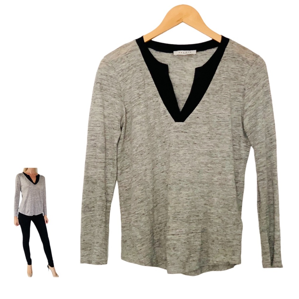 Sandro Gray Marled Long-Sleeve Top with Black Trim